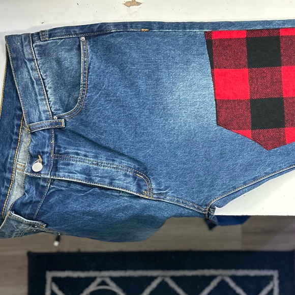 [NWOT] MNML Mens Medium Blue Red Plaid Patchwork Denim Jeans Size 36 - Picture 7 of 10